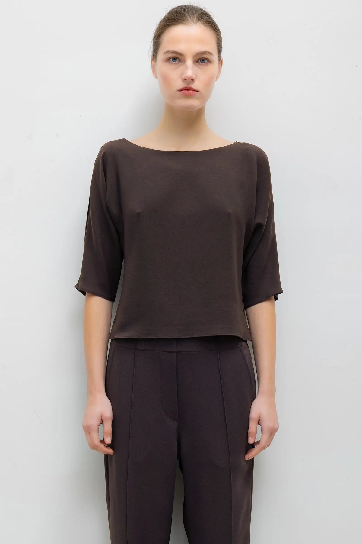 Pre-Order: Ari Short Sleeve Dolman Top - Chocolate - Image 1