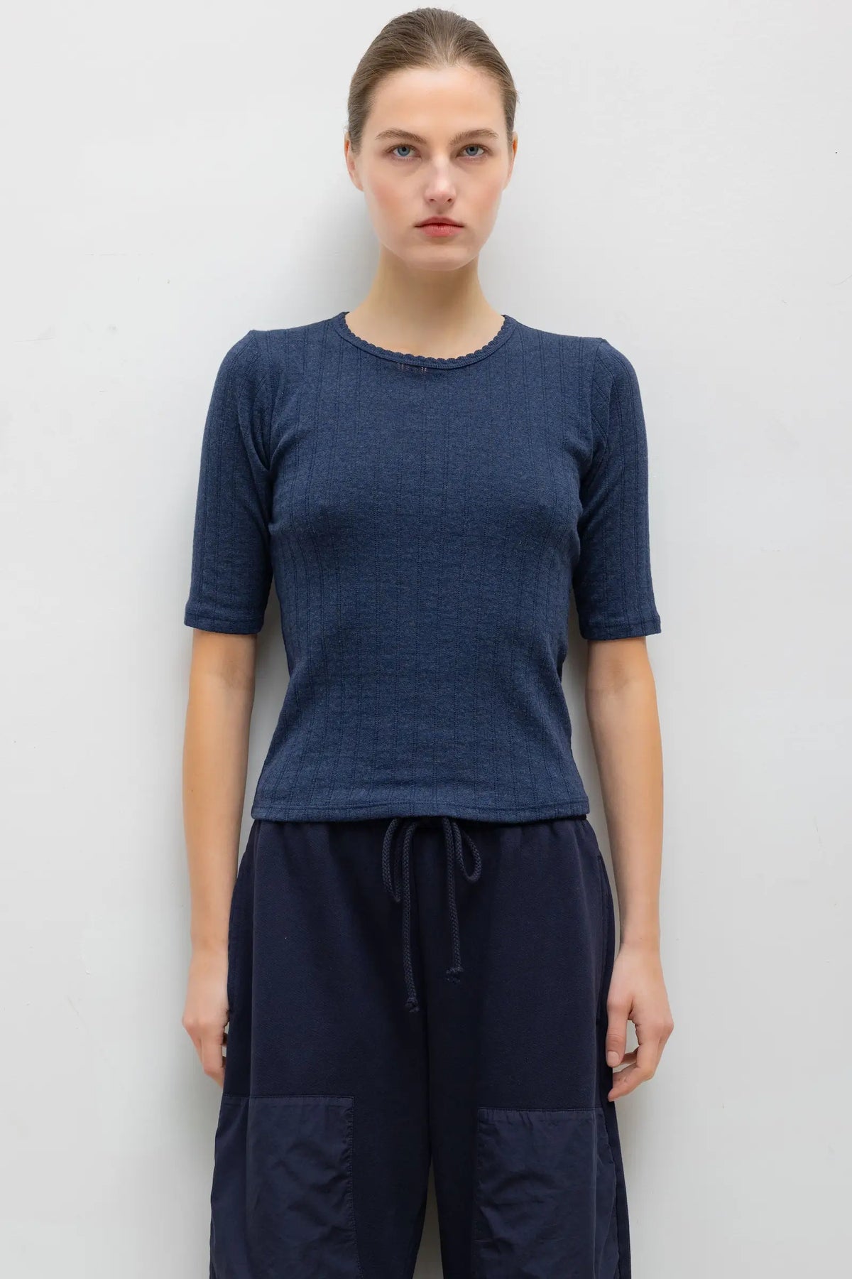 Pointelle Mid Sleeve Slim Fit Tee - Midnight Melange - Image 1