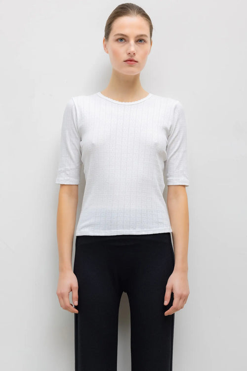 Pointelle Mid Sleeve Slim Fit Tee - White - Image 1