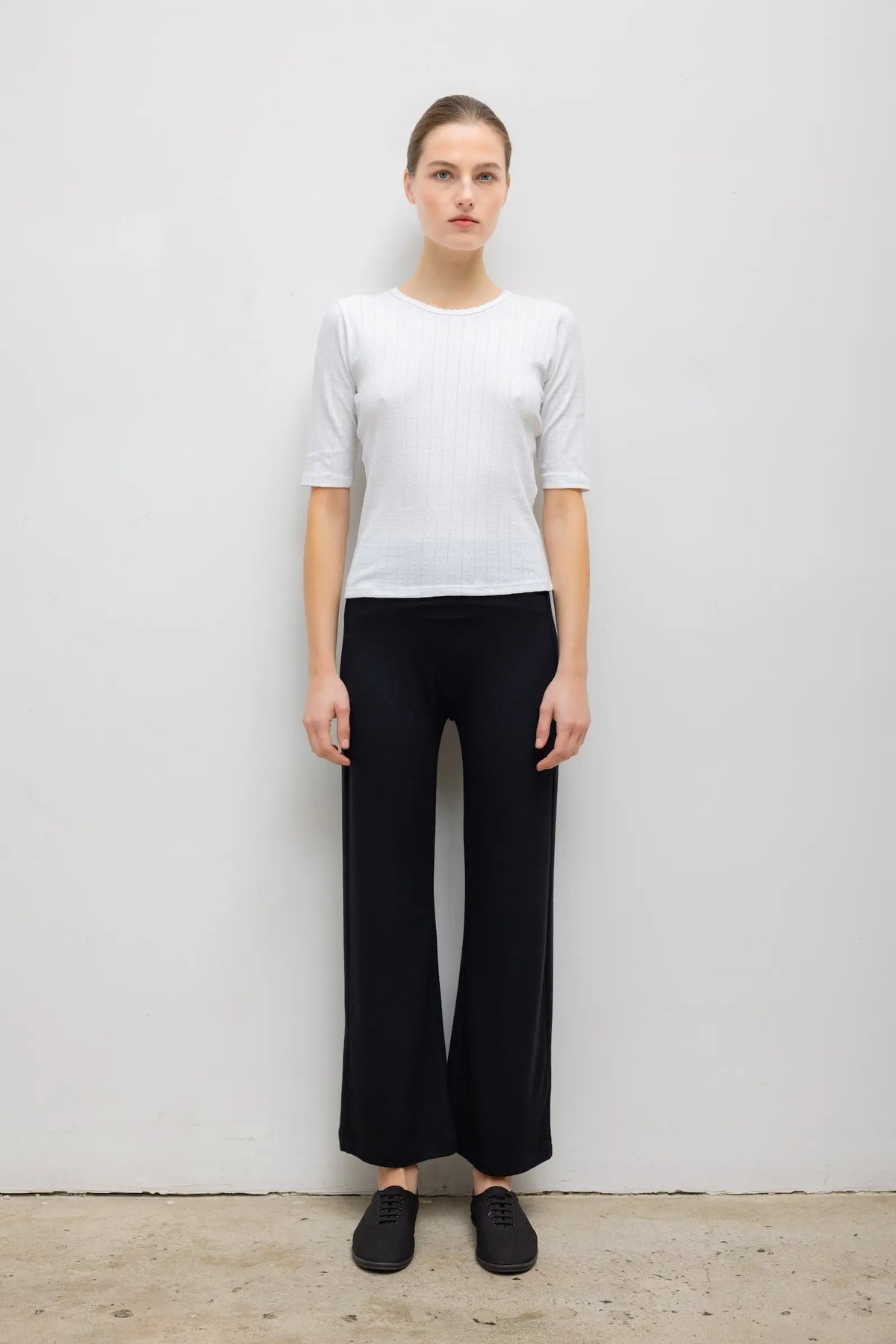 Pointelle Mid Sleeve Slim Fit Tee - White - Image 3
