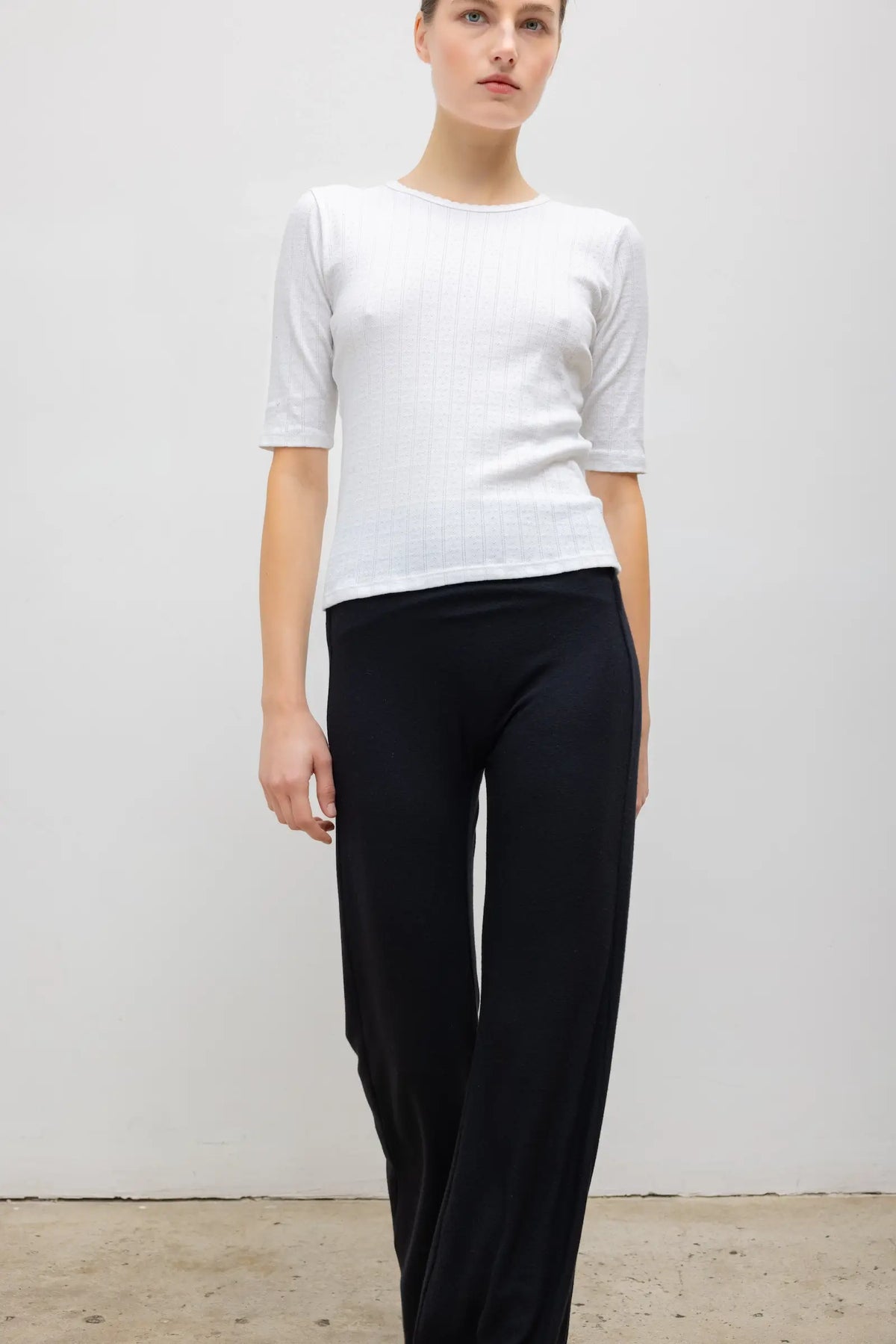 Pointelle Mid Sleeve Slim Fit Tee - White - Image 5