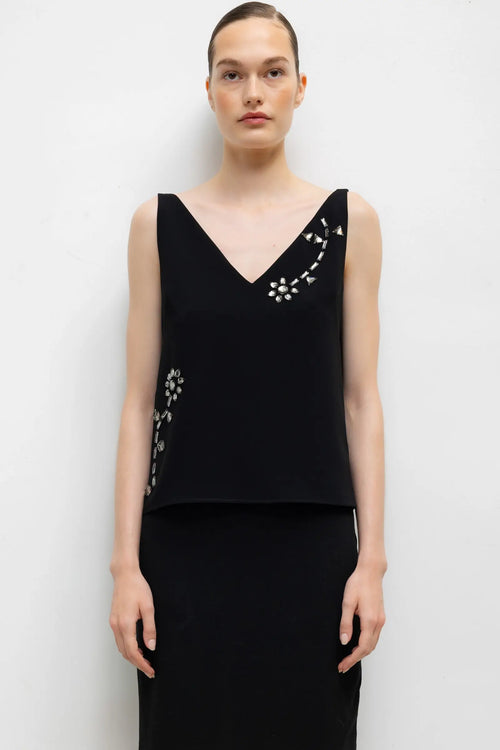 Pre-Order: Arielle Embroidered V Neck Tank - Black - Image 1