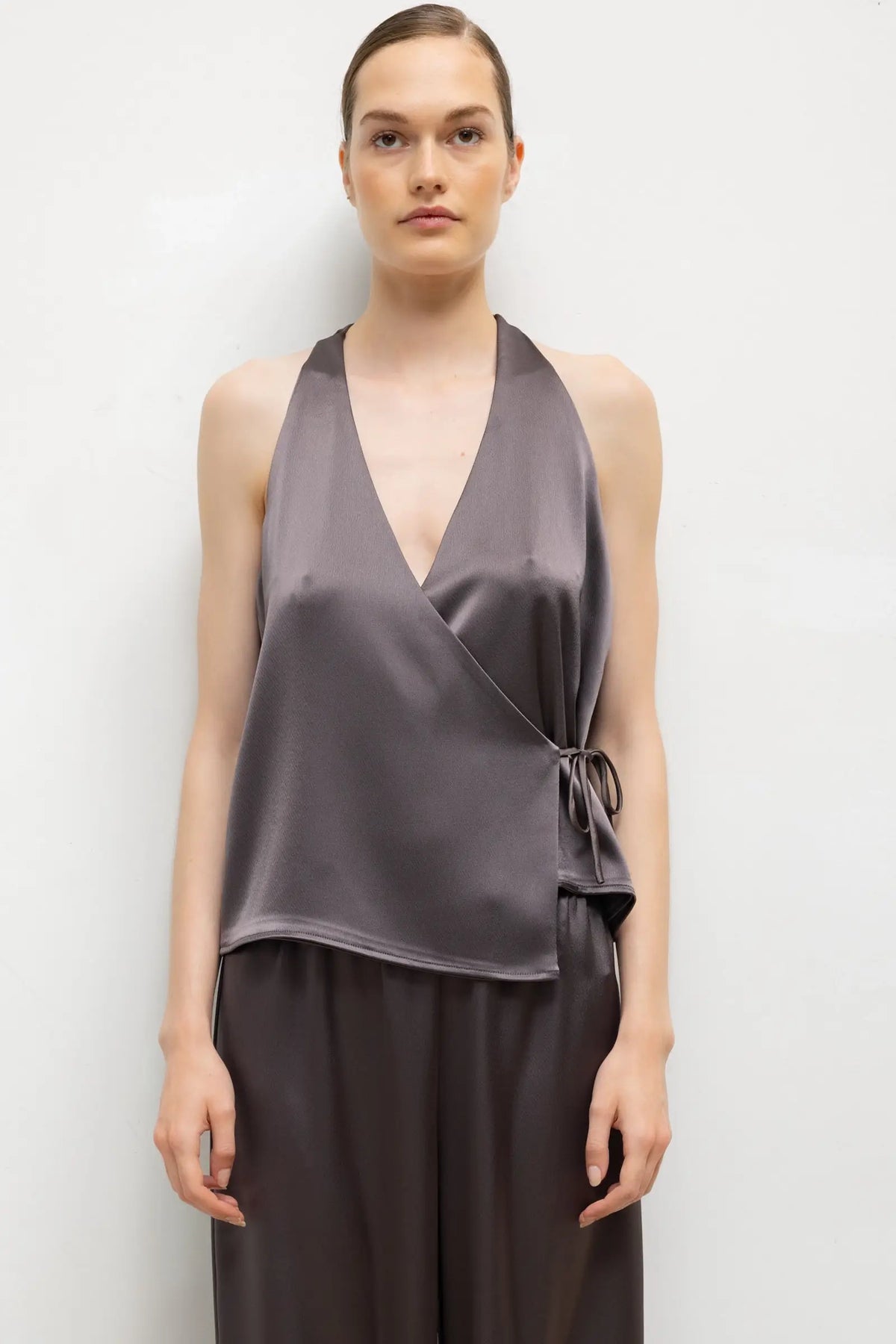Pre-Order: Barb Sleeveless Wrap Top - Gunmetal - Image 1