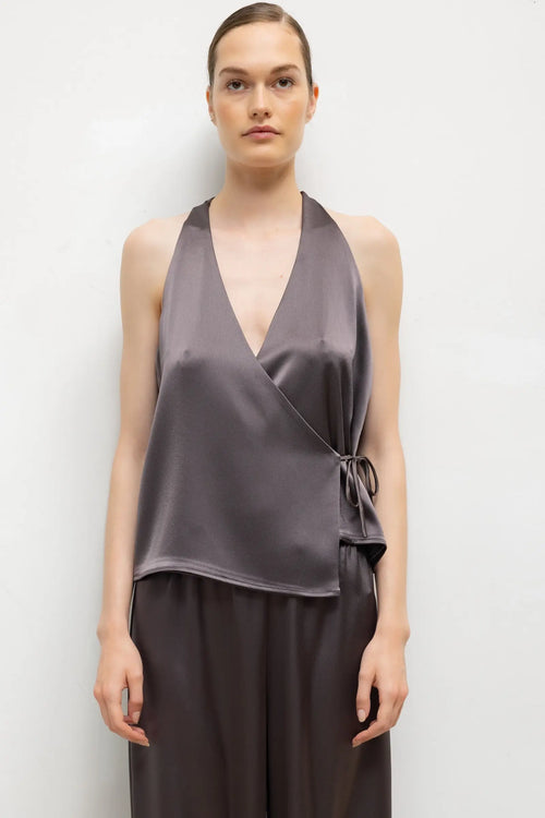 Pre-Order: Barb Sleeveless Wrap Top - Gunmetal - Image 1