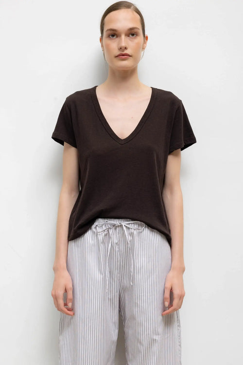 Laura V Neck Tee - Chocolate - Image 1