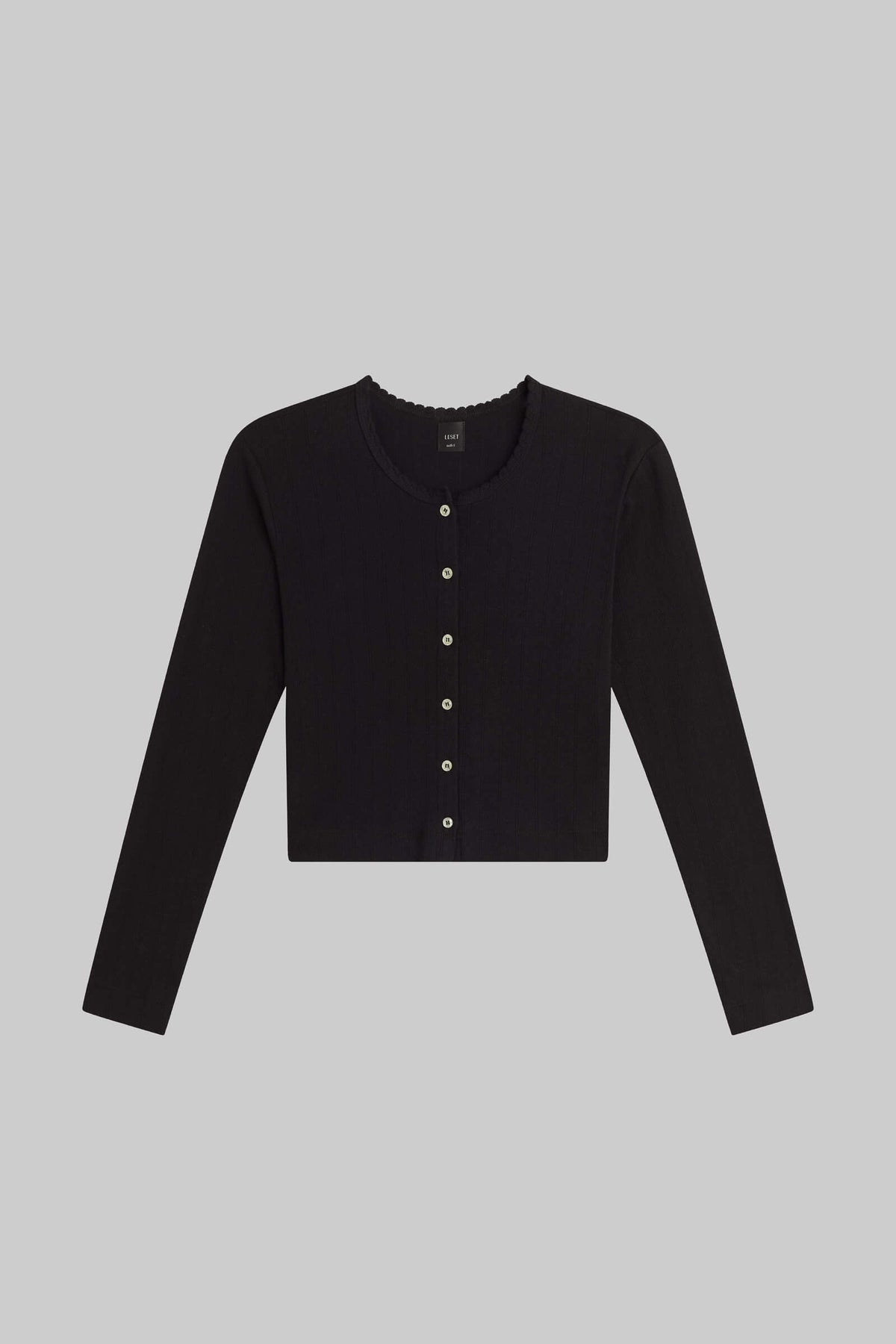 Pointelle Crop Cardigan - Black - Image 2