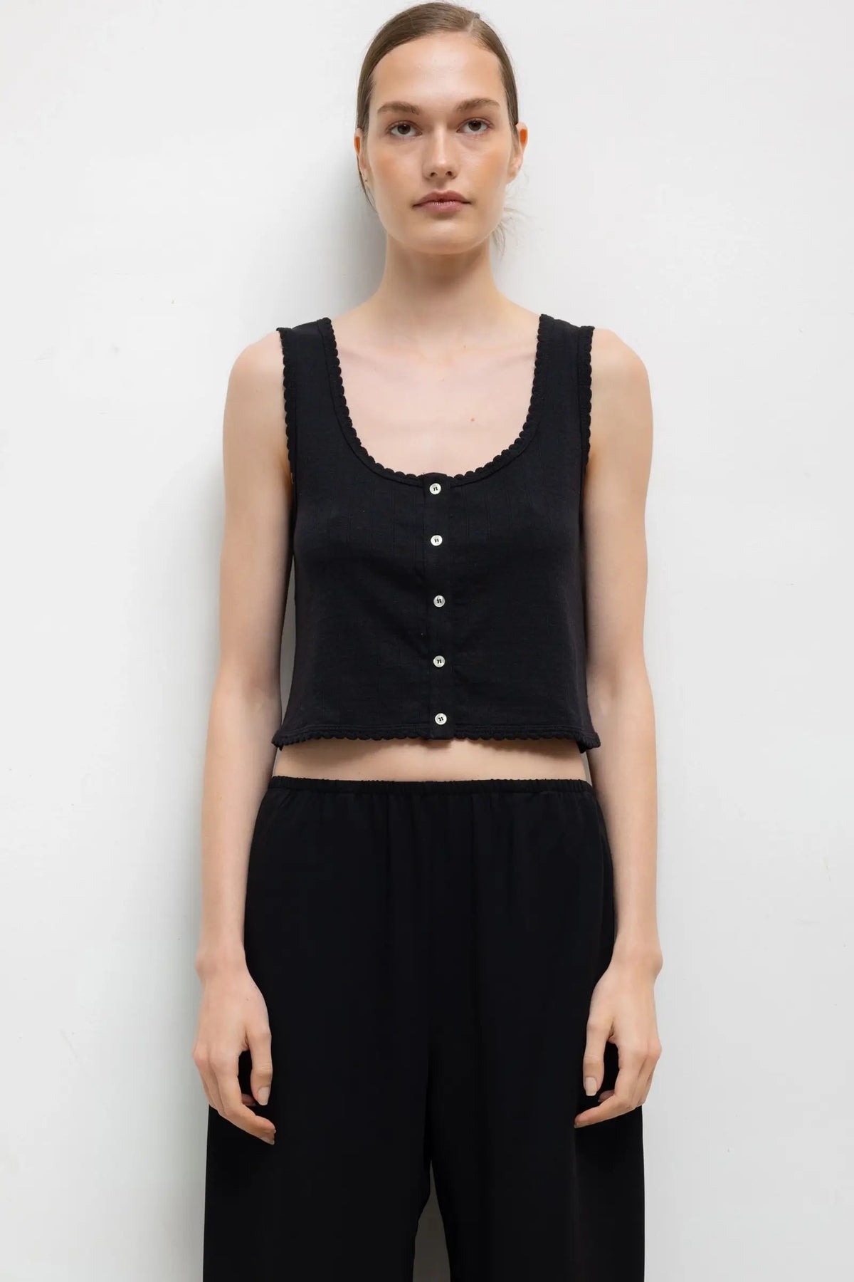 Pointelle Button Down Tank - Black - Image 1
