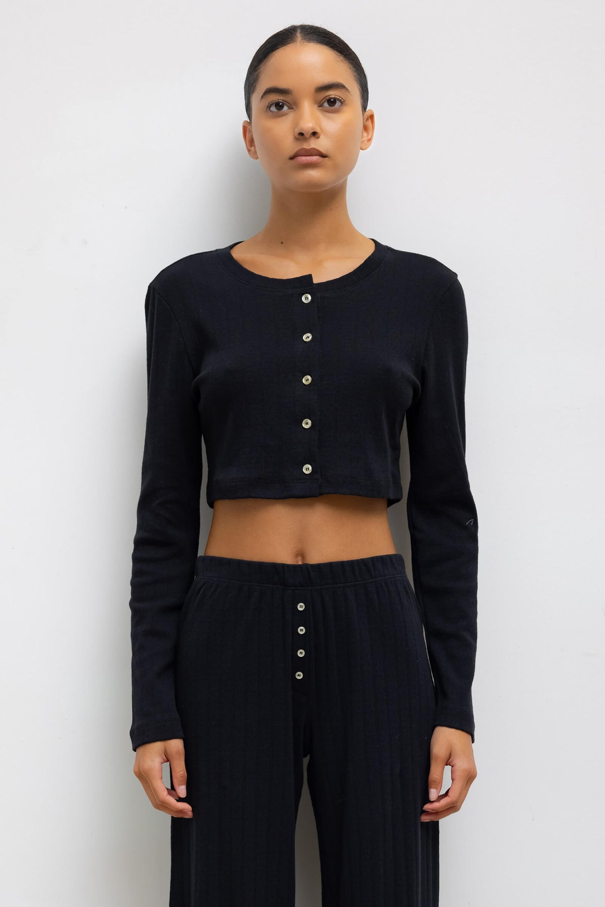 Pointelle Crop Cardigan - Black - Image 1