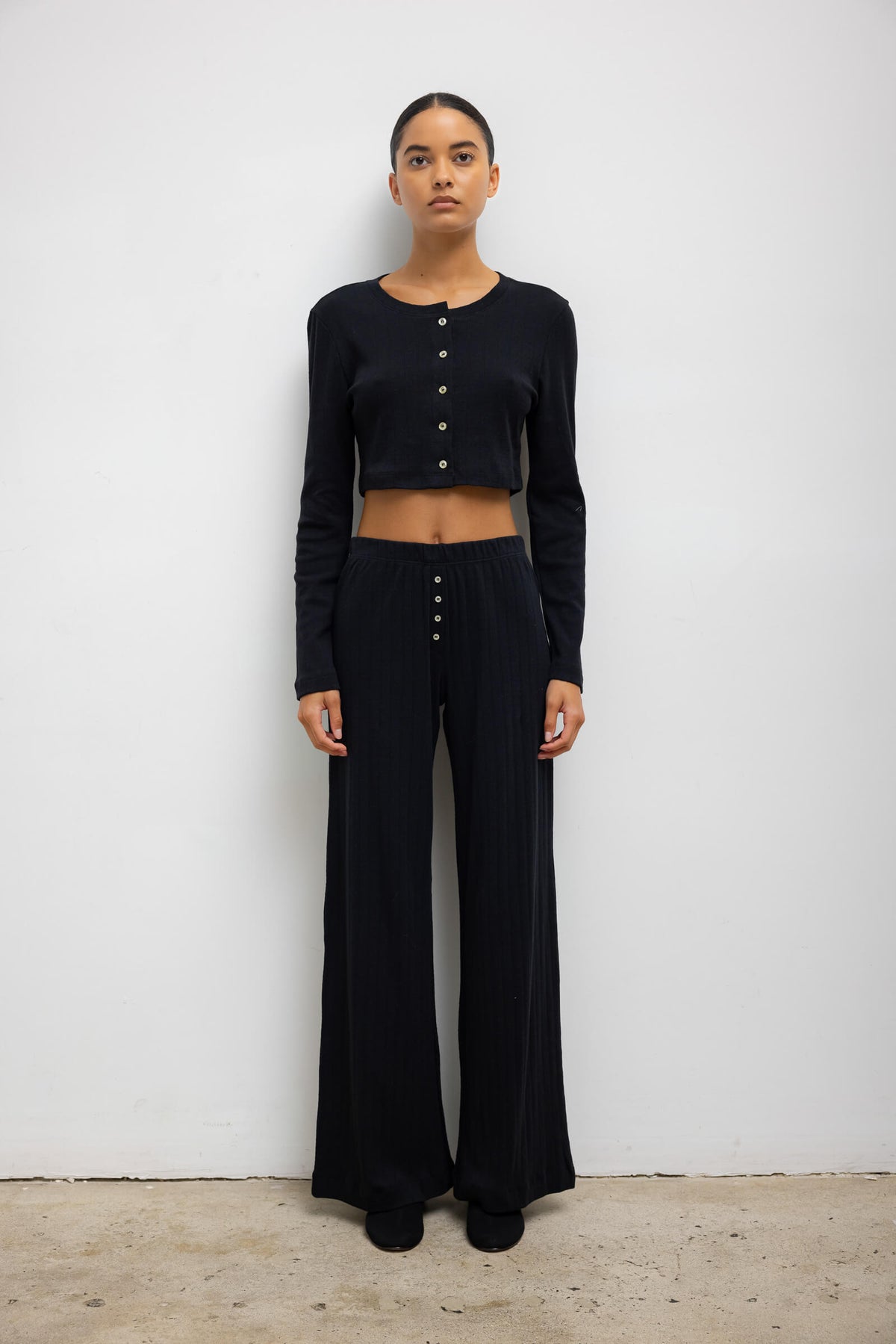 Pointelle Crop Cardigan - Black - Image 3