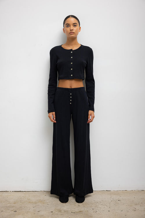 Pointelle Crop Cardigan - Black - Image 3
