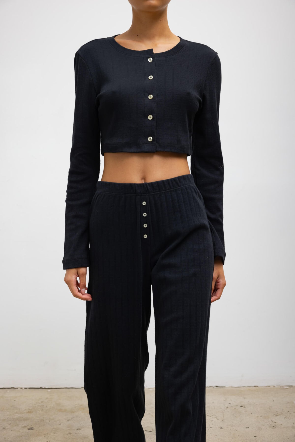 Pointelle Crop Cardigan - Black - Image 5