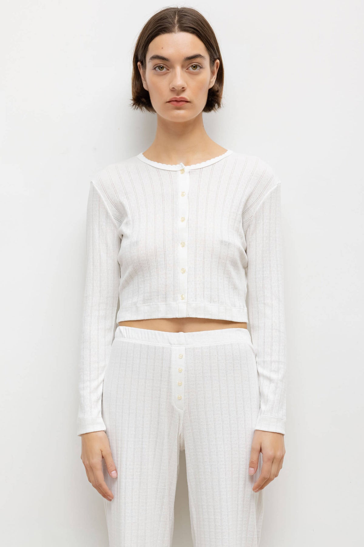 Pointelle Crop Cardigan - White - Image 1