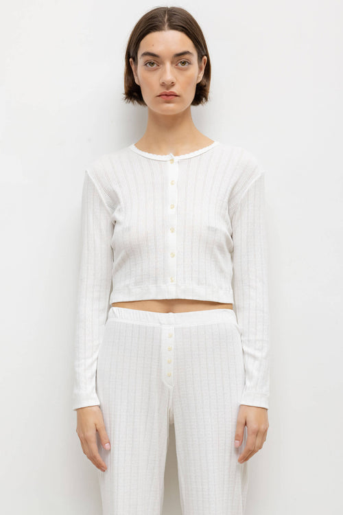 Pointelle Crop Cardigan - White - Image 1