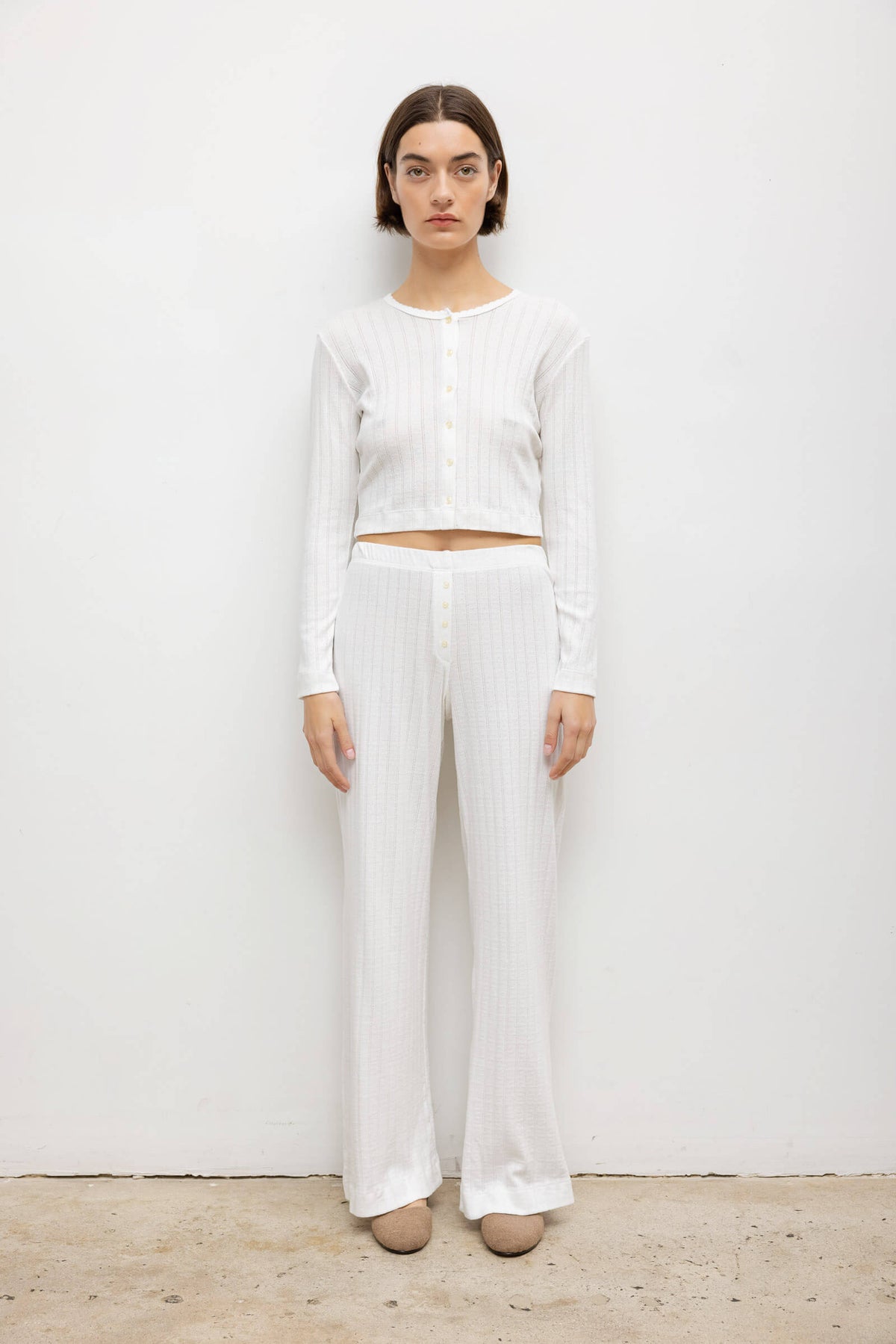 Pointelle Crop Cardigan - White - Image 3