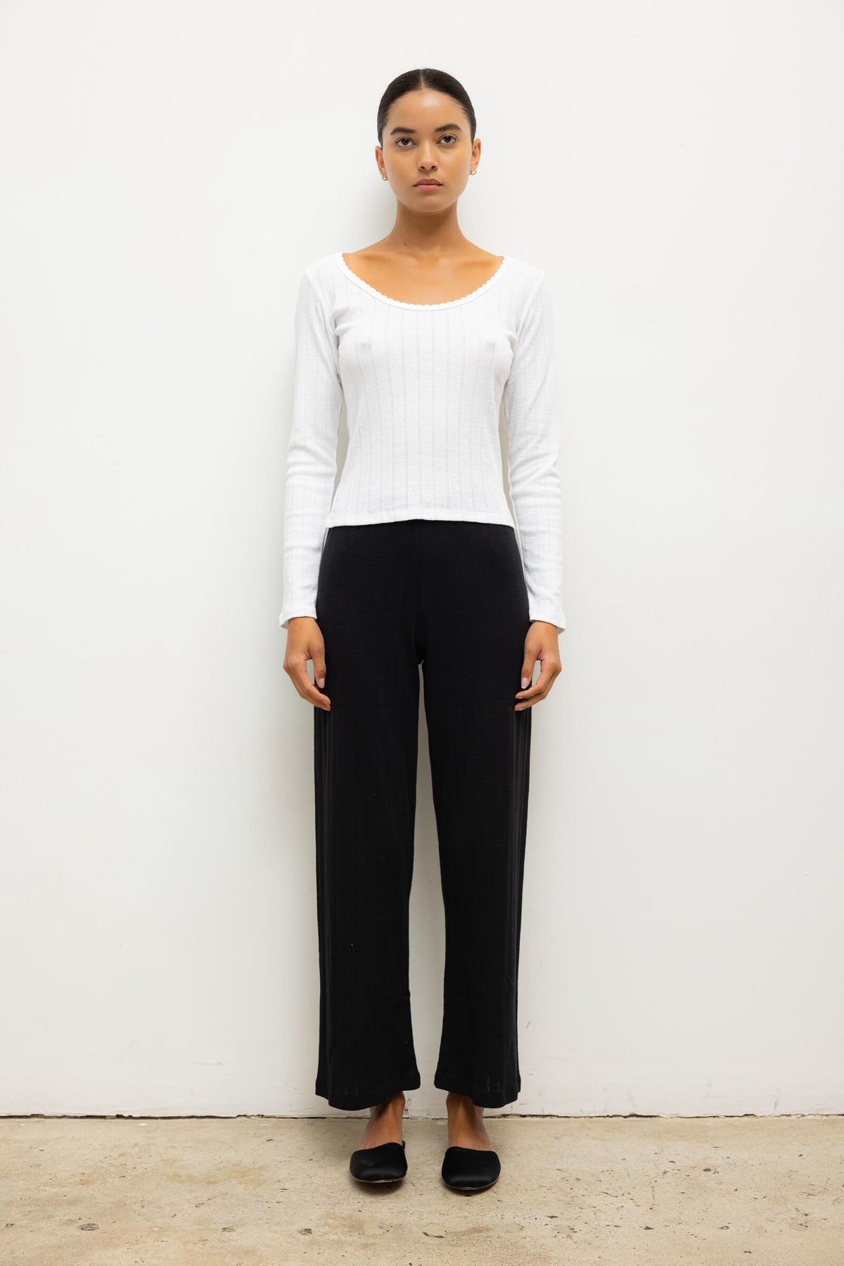 Pointelle Crop Wide Leg Pant - Black - Image 1