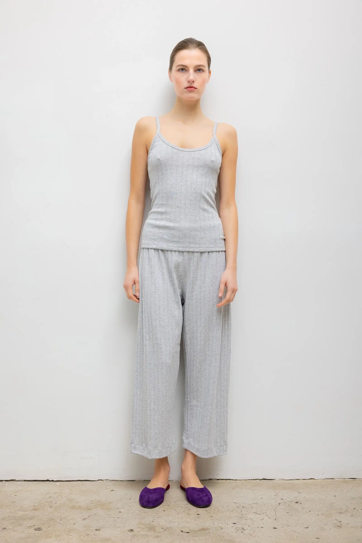 Pointelle Crop Wide Leg Pant - Light Grey Melange - Image 1