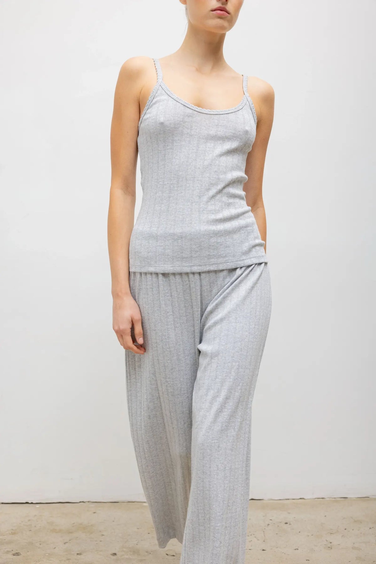Pointelle Crop Wide Leg Pant - Light Grey Melange - Image 4