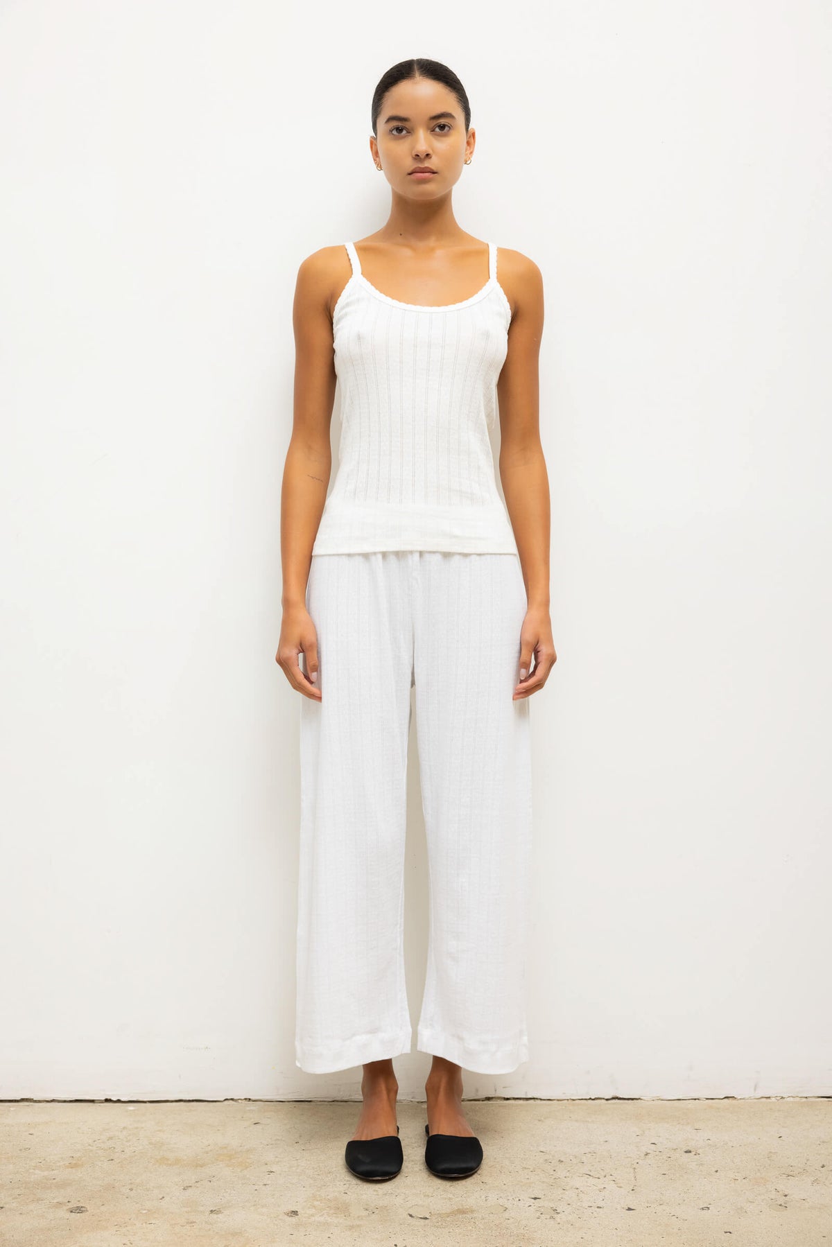 Pointelle Crop Wide Leg Pant - White - Image 1