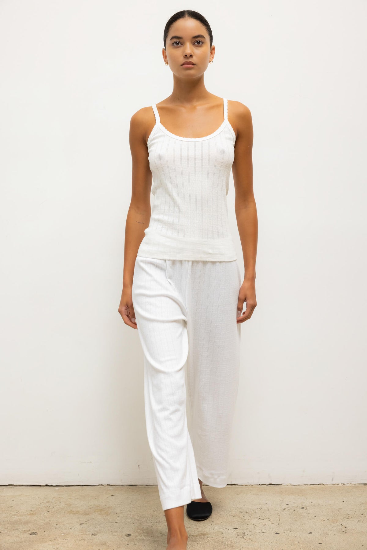 Pointelle Crop Wide Leg Pant - White - Image 3