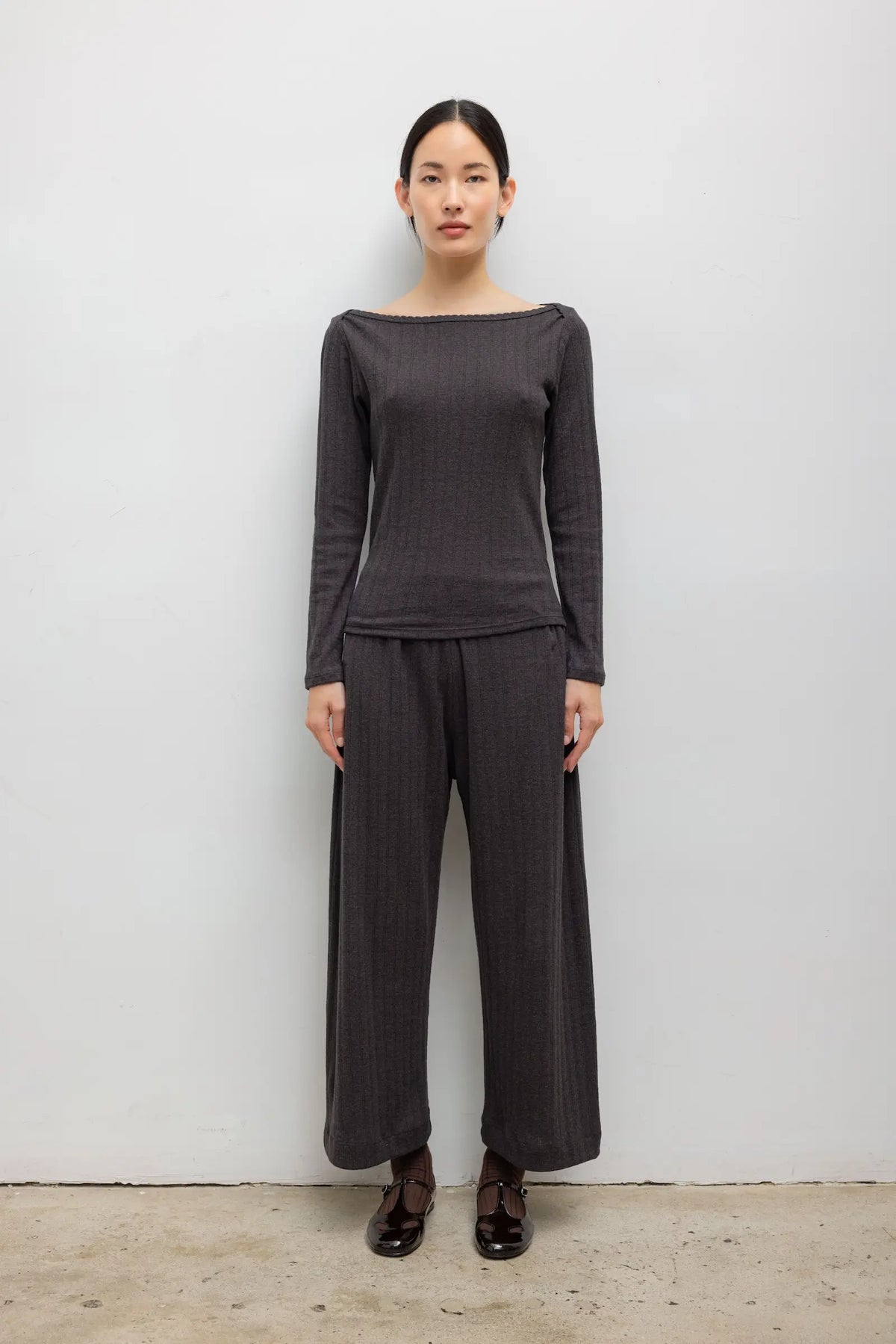Pointelle Crop Wide Leg Pant - Hickory Melange - Image 1
