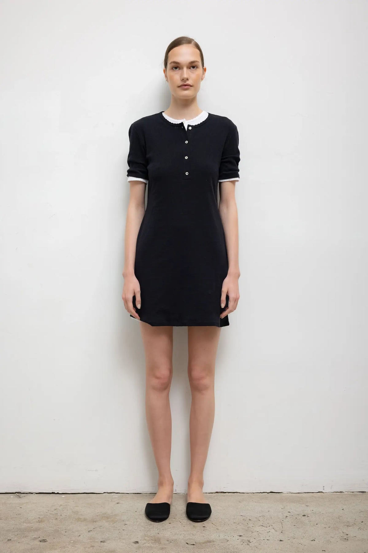 Pointelle Henley Mini Dress - Black - Image 1