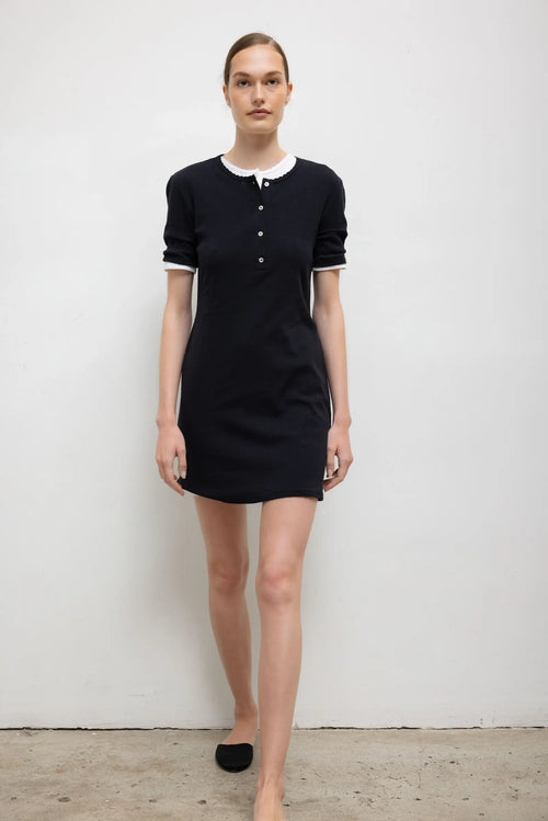 Pointelle Henley Mini Dress - Black - Image 3