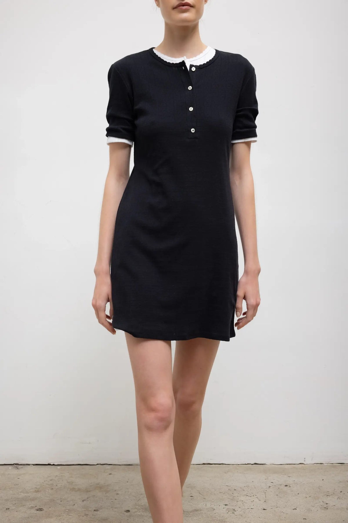 Pointelle Henley Mini Dress - Black - Image 4