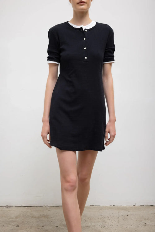 Pointelle Henley Mini Dress - Black - Image 4
