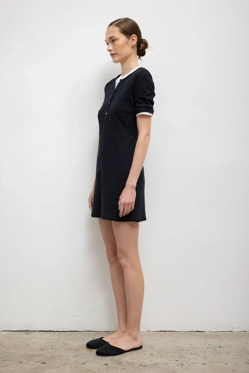 Pointelle Henley Mini Dress - Black - Image 5