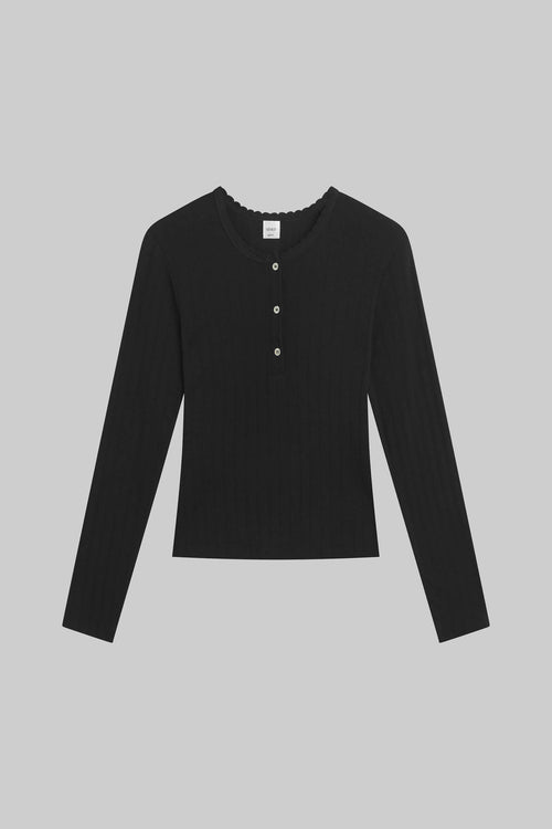 Pointelle Long Sleeve Henley - Black - Image 2