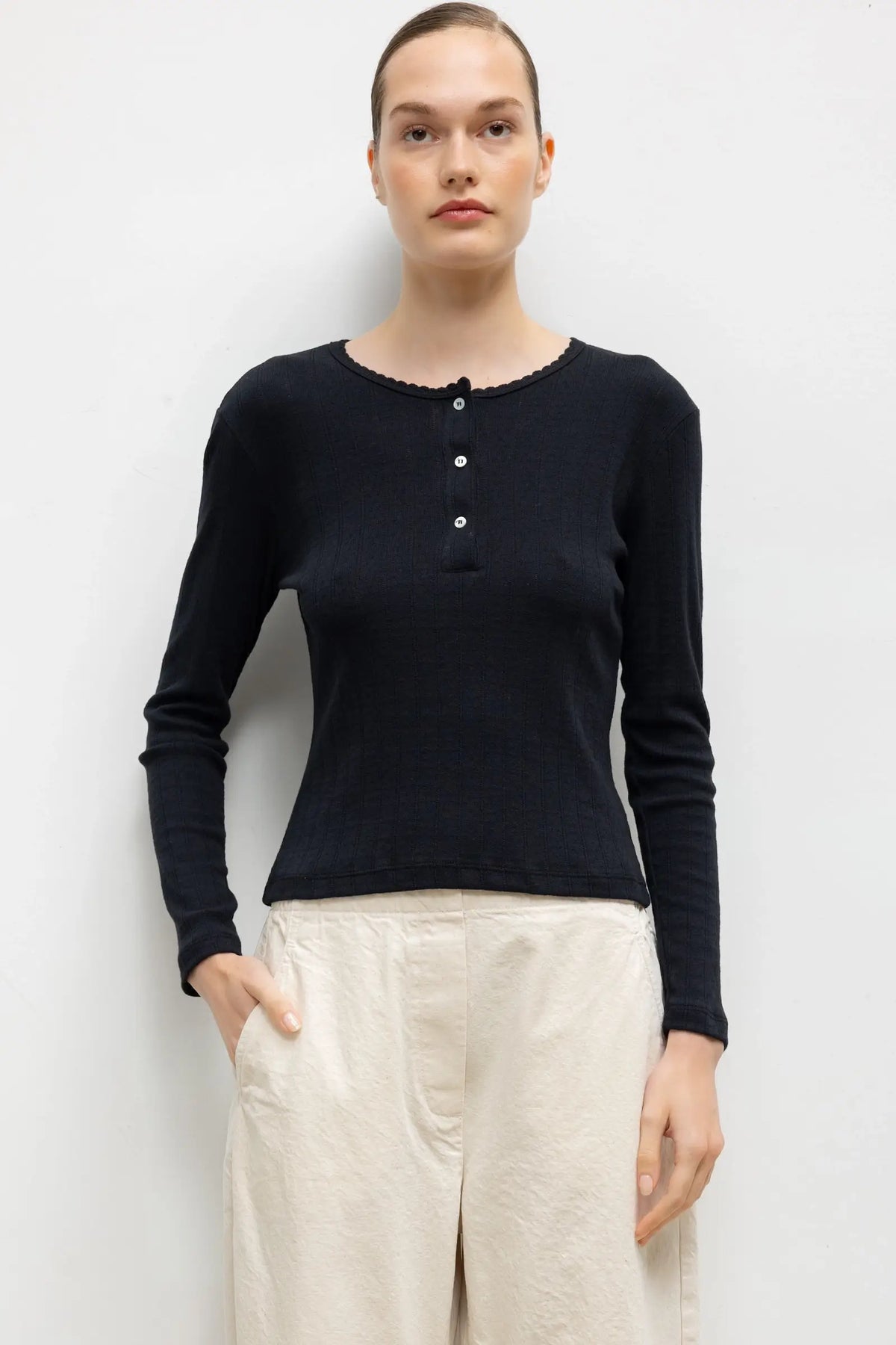 Pointelle Long Sleeve Henley - Black - Image 1