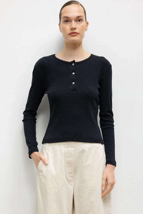 Pointelle Long Sleeve Henley - Black - Image 1