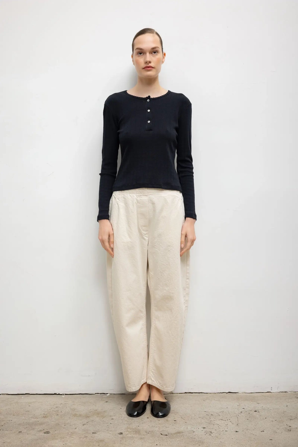 Pointelle Long Sleeve Henley - Black - Image 3