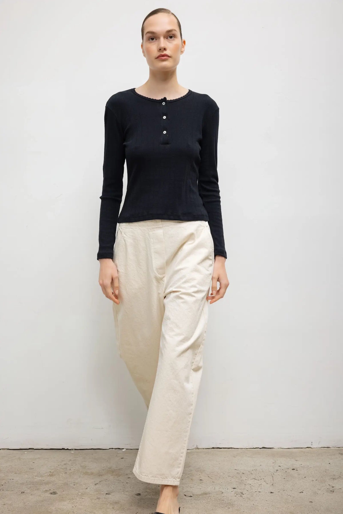 Pointelle Long Sleeve Henley - Black - Image 4