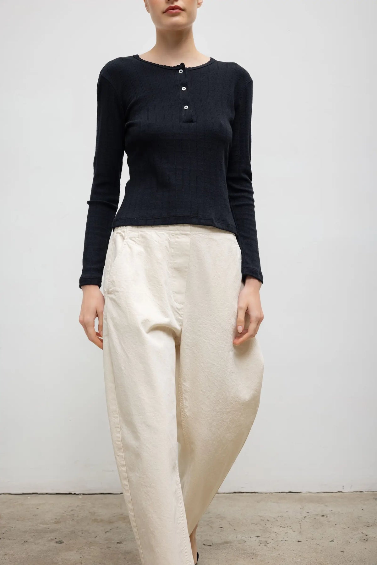 Pointelle Long Sleeve Henley - Black - Image 5