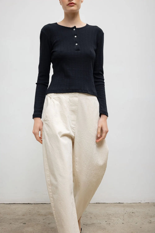 Pointelle Long Sleeve Henley - Black - Image 5
