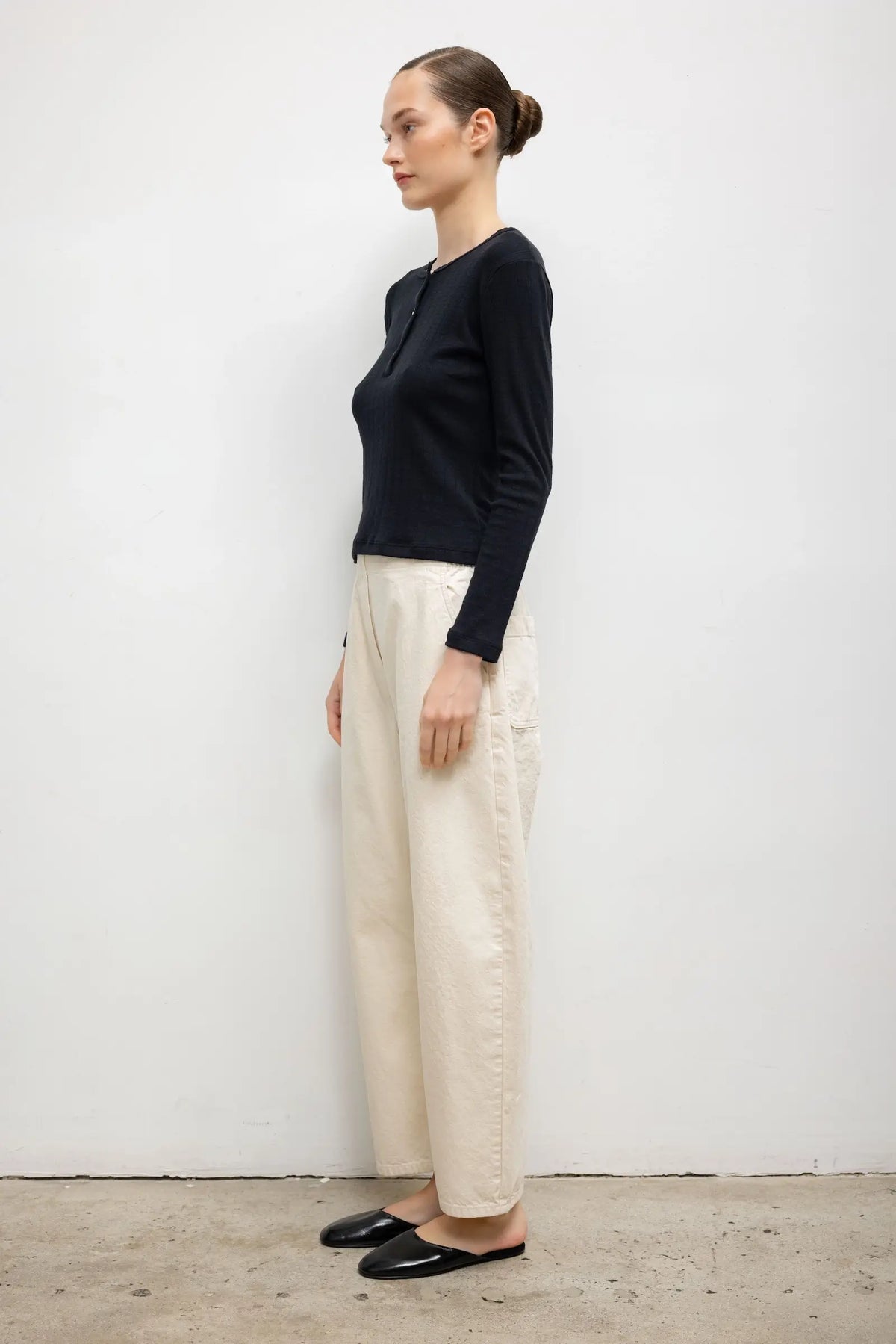 Pointelle Long Sleeve Henley - Black - Image 6