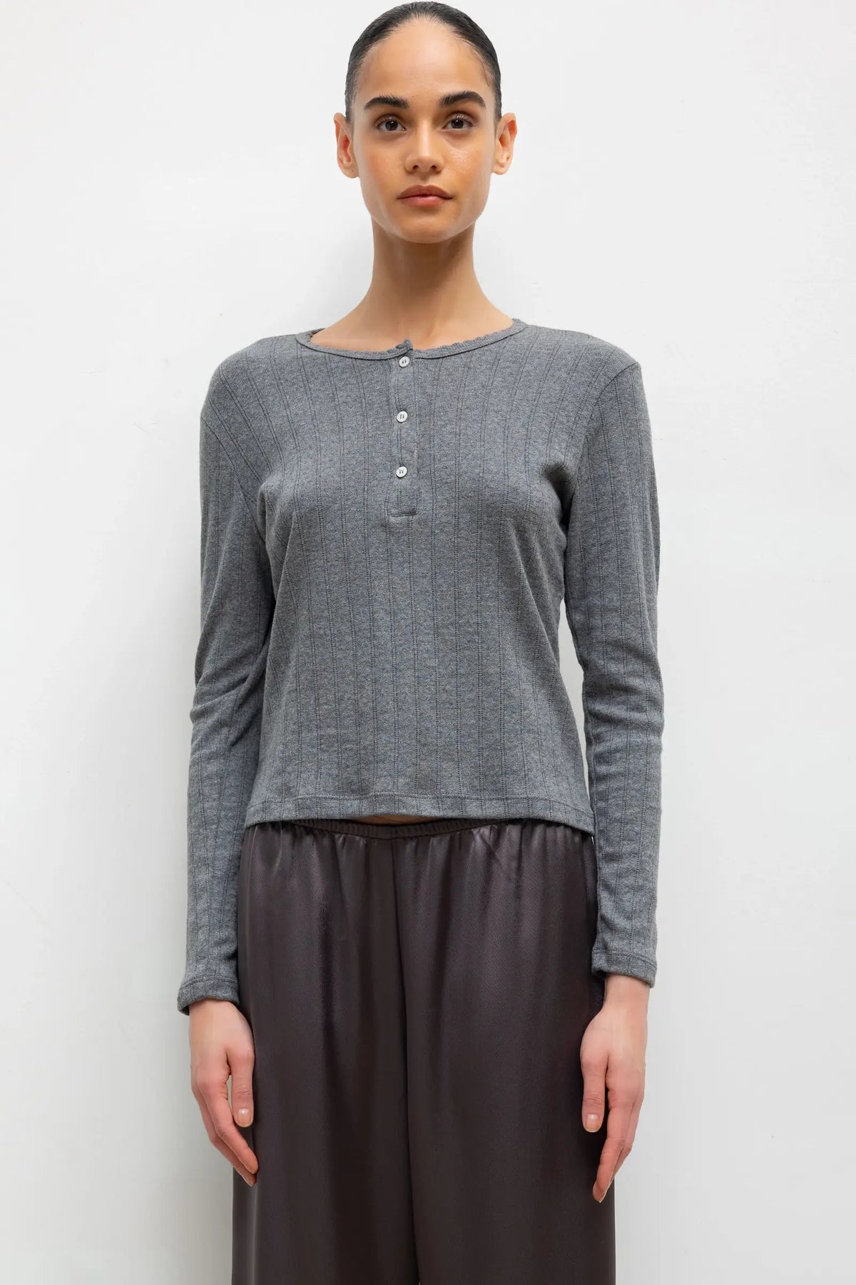 Pre-Order: Pointelle Long Sleeve Henley - Granite - Image 1