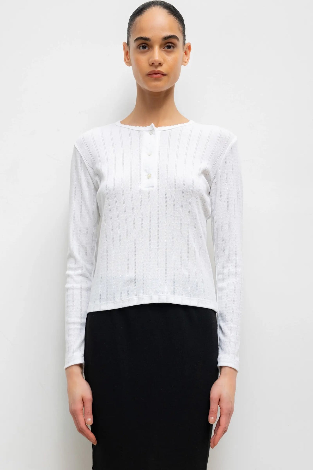 Pointelle Long Sleeve Henley - White - Image 1
