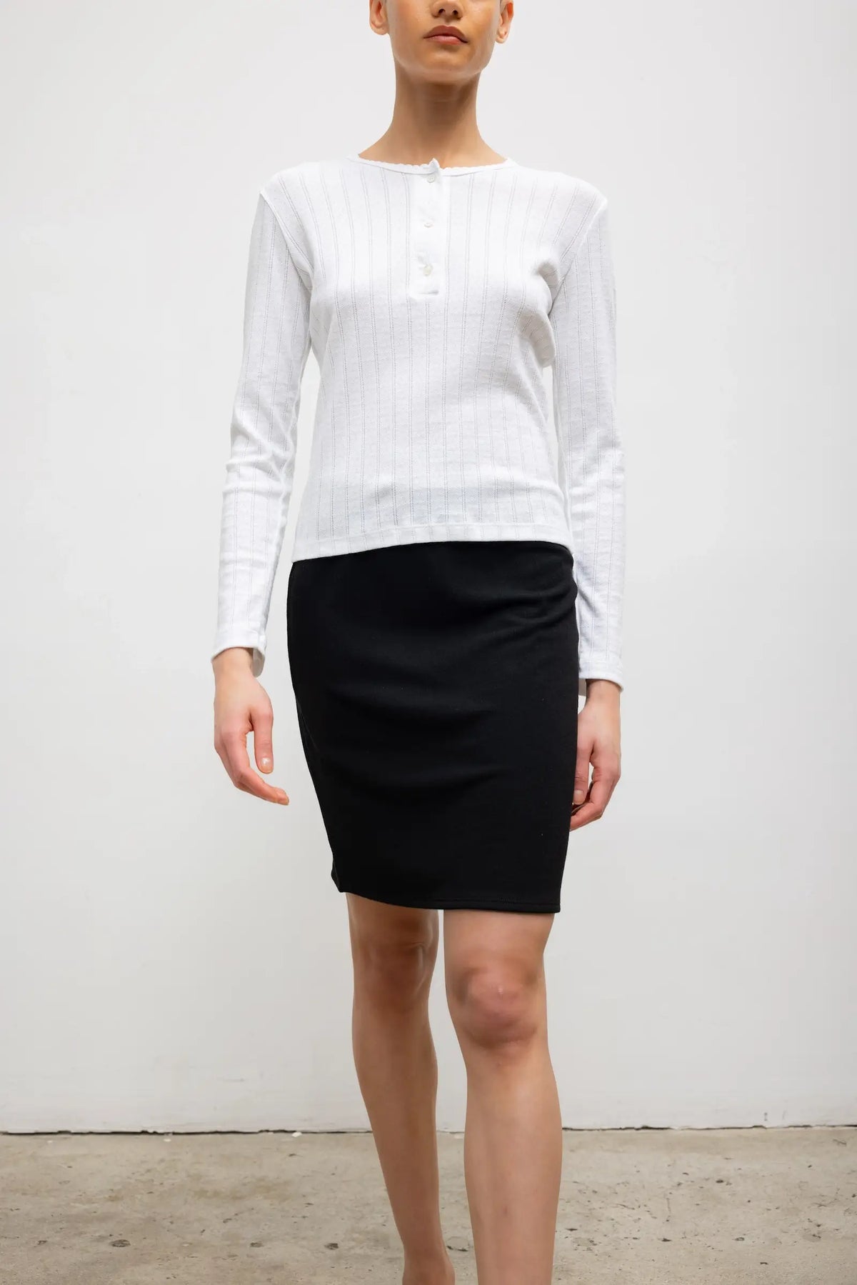 Pointelle Long Sleeve Henley - White - Image 5