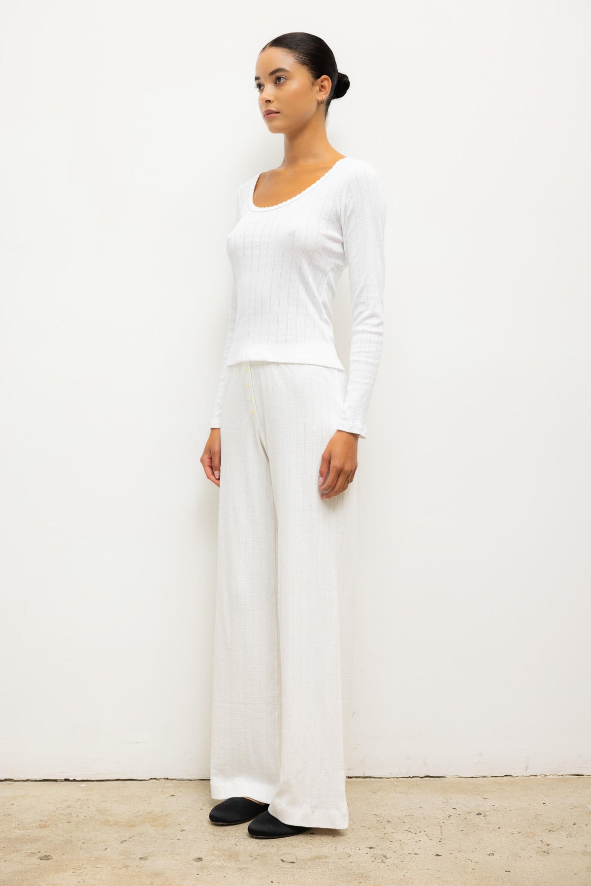Pointelle Long Sleeve Scoop Neck - White - Image 6