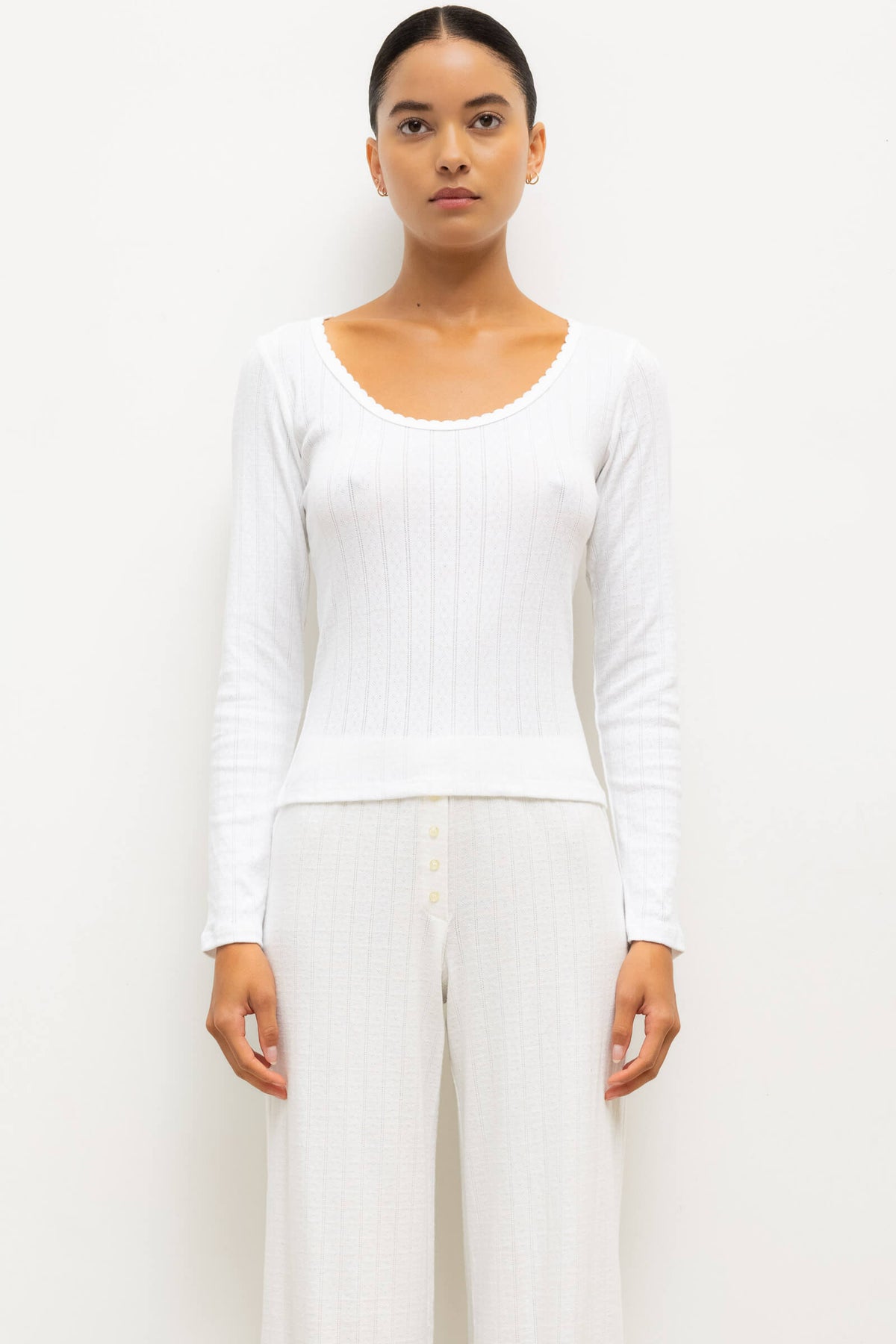 Pointelle Long Sleeve Scoop Neck - White - Image 1