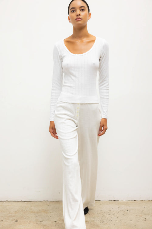 Pointelle Long Sleeve Scoop Neck - White - Image 4