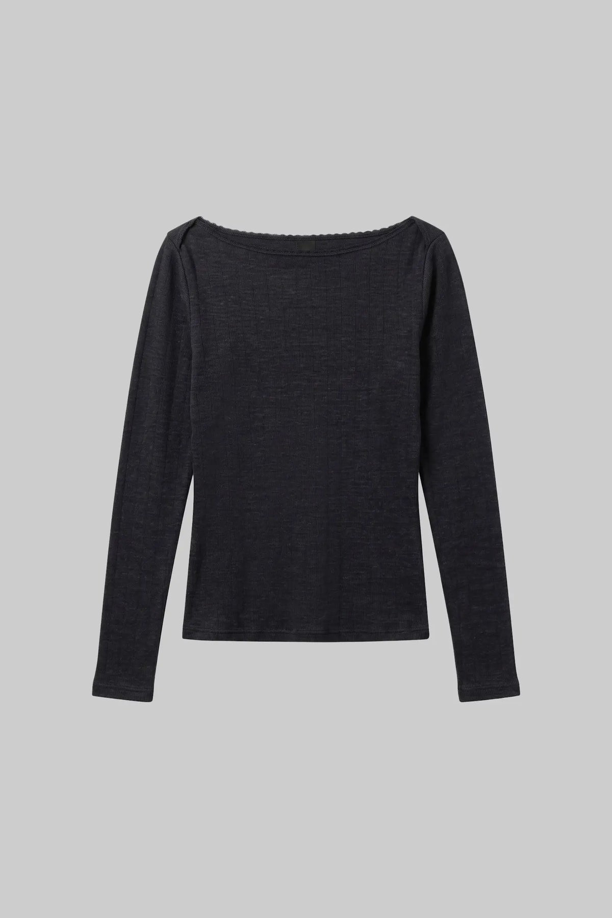 Pointelle Long Sleeve Bateau Top - Black - Image 2