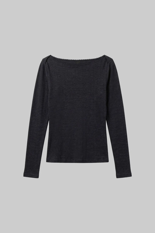 Pointelle Long Sleeve Bateau Top - Black - Image 2