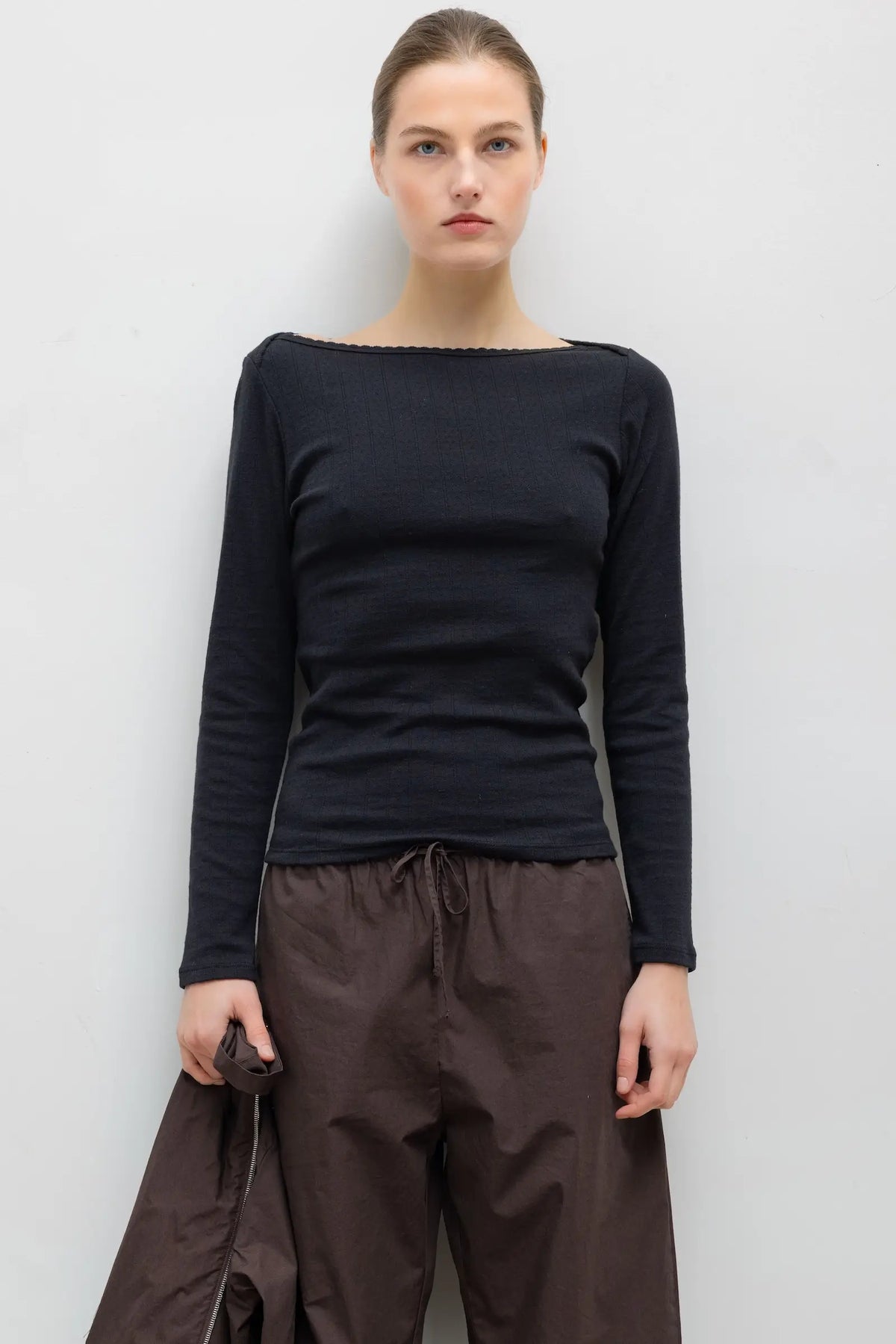 Pointelle Long Sleeve Bateau Top - Black - Image 1