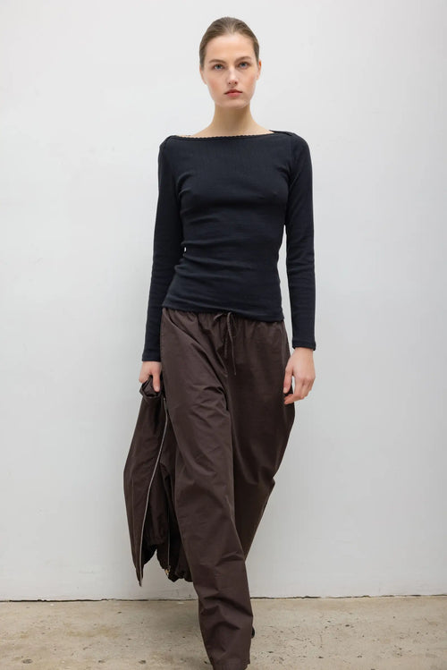 Pointelle Long Sleeve Bateau Top - Black - Image 4