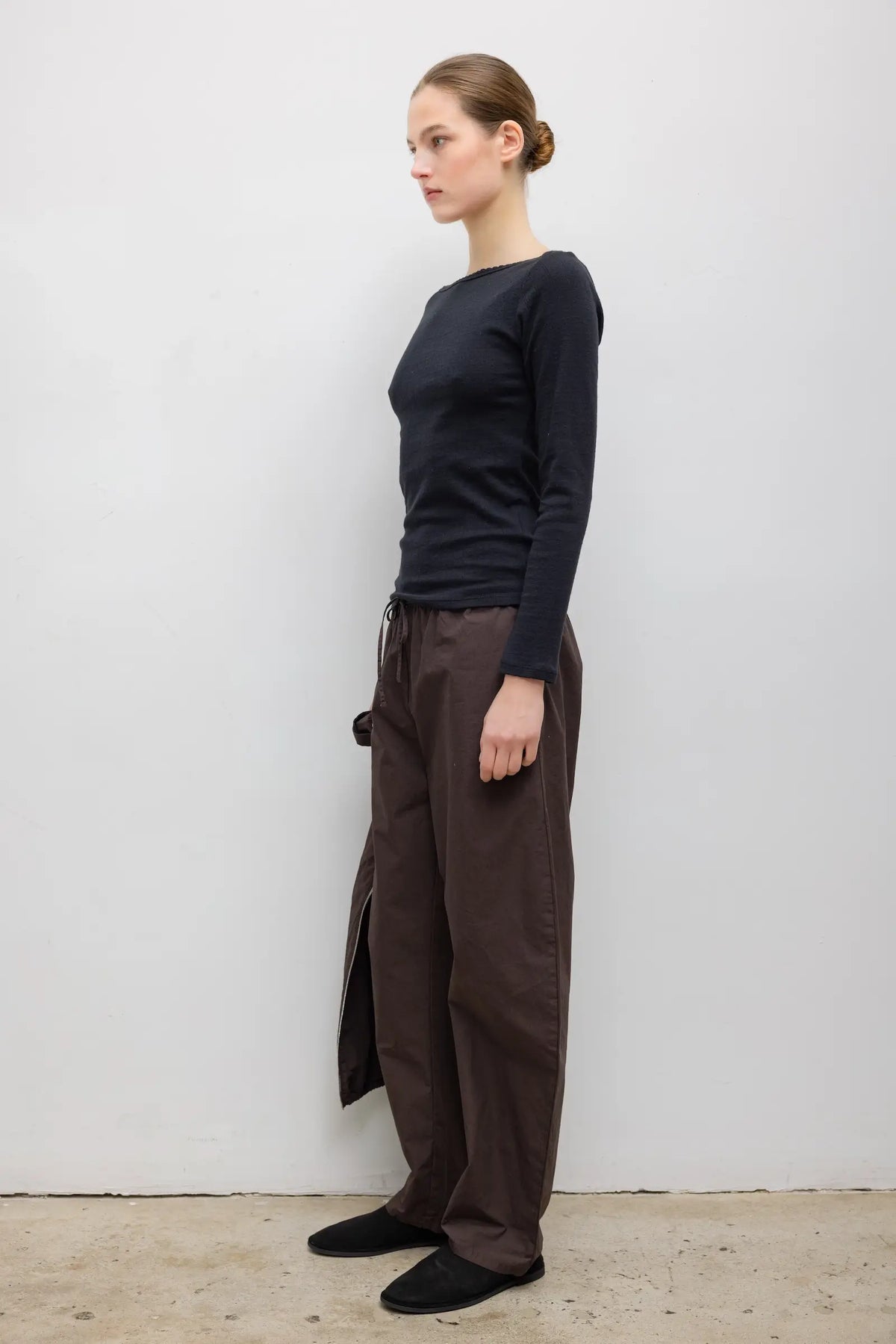Pointelle Long Sleeve Bateau Top - Black - Image 5