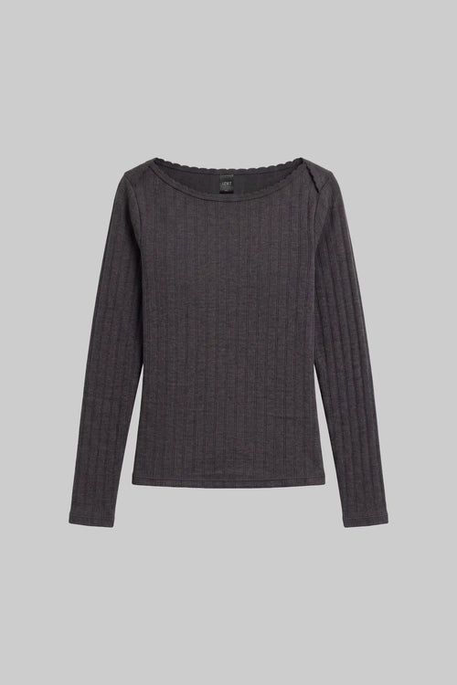 Pointelle Long Sleeve Bateau Top - Hickory Melange - Image 2