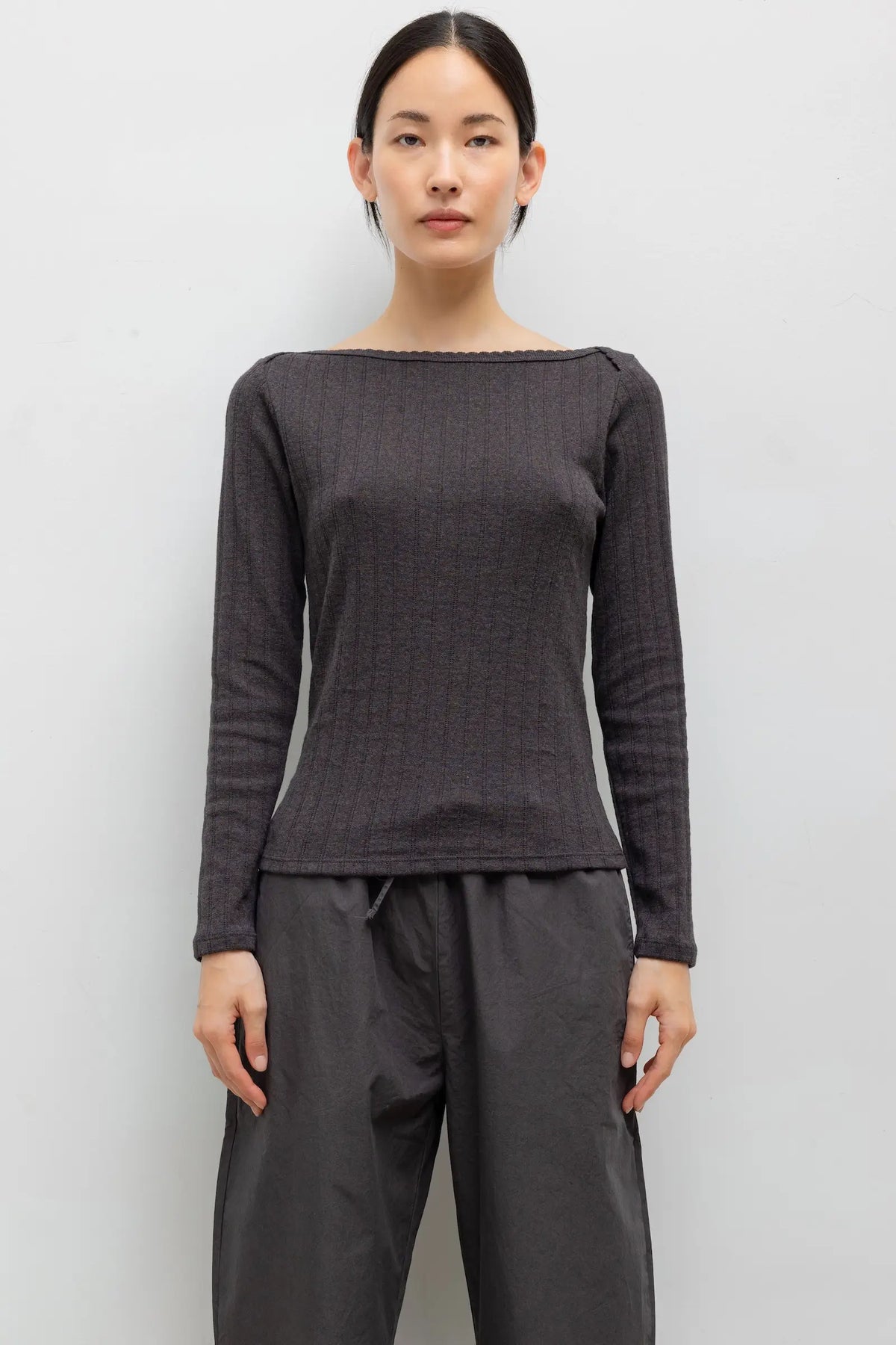 Pointelle Long Sleeve Bateau Top - Hickory Melange - Image 1